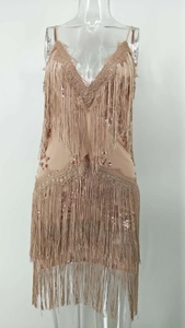 Detailed view of the deep V-neckline with delicate lace trim and shimmering sequins on dress