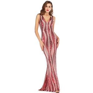 Elegant backless evening gown with red and silver wave pattern sequins and deep V-neck
