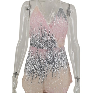 Pink and silver gradient sequin romper with V-neck wrap design for women's beachwear