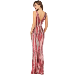 Elegant red and silver sequin mermaid evening gown with backless deep V-neck for formal events