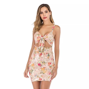 Sexy pink floral sequined mini dress with cut-out waist and adjustable spaghetti straps