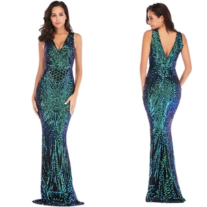 Abito da Sera con Paillettes da Donna Sexy Scollo a V Profondo Senza Maniche Schiena Scoperta Abito Lungo a Sirena per Festa Formale Matrimonio Abito Elegante