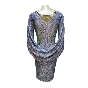 Iridescent sequin mini dress with long sleeves and a V-neck back design for women