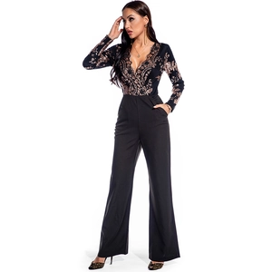 Sexy black long sleeve jumpsuit featuring gold sequin lace bodice and high waist trousers