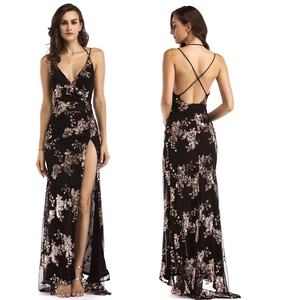 Women Sexy V Neck Sequin Evening Dress Backless High Slit Maxi Party Dress Elegant Sparkly Sleeveless Prom Banquet Gown