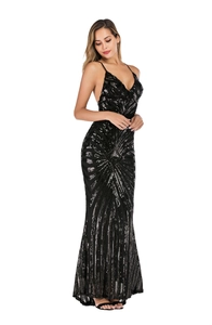 Detailed view of shimmering black and silver sequins on a slim fit evening gown