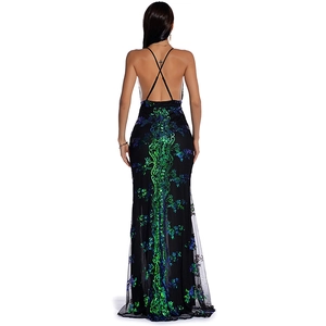 Detail of sequin evening dress showing the criss-cross back straps and open back design