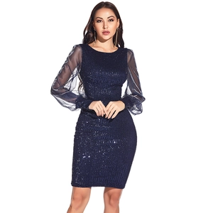 Deep blue sequin bodycon dress with sheer mesh lantern sleeves and round neckline