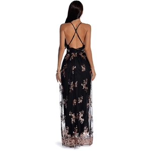 Detail of rose gold sequin floral embroidery on a sexy backless evening gown