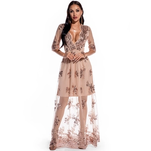 Robe de soirée sexy à paillettes or rose avec décolleté en V et jupe longue en tulle