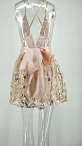 Vue de dos de la robe pailletée champagne avec grand nœud en satin et jupe en tulle
