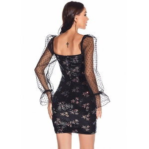 Robe noire sexy à paillettes, dos nu, manches bouffantes en tulle et coupe ajustée