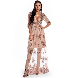 Robe de soirée sexy champagne à col en V avec broderies pailletées et tulle