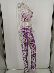 Detail view of purple tiger print sequined set featuring metal zipper on high waist trousers