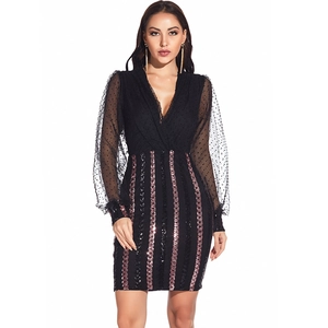 Robe moulante sexy à col en V avec rayures pailletées et manches en tulle à pois