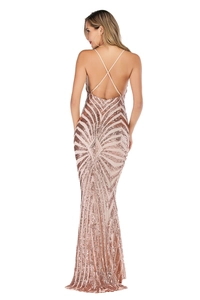 Detail of rose gold sequin evening dress showing the open back and crisscross straps