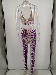 Detail of pink and purple tiger print sequin halter top with back zipper closure