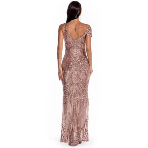 Detail of rose gold sequin embroidery on slim-fit off-shoulder mermaid evening gown
