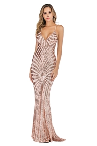 Detail of rose gold sequin evening dress featuring V-neckline and geometric patterns