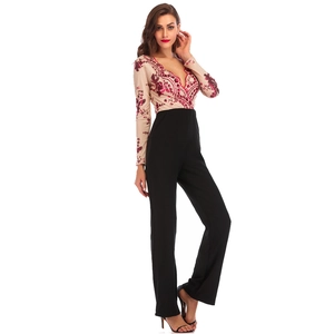 Detail of red sequin embroidery on deep V-neck long sleeve jumpsuit for women
