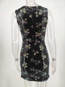 Detail of sequins star pattern and invisible zipper on a slim sleeveless dress back