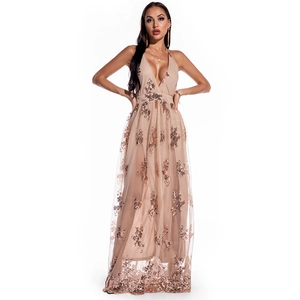 Detail of rose gold sequin embroidery on backless deep V-neck evening gown for women
