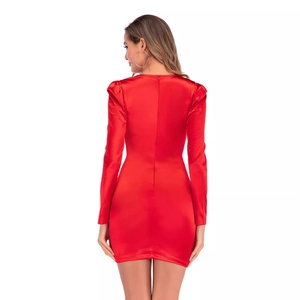 Elegant red satin long sleeve mini dress with puff sleeves and slim fit design