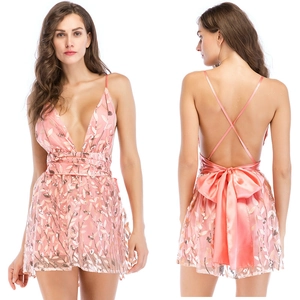 Robe Femme Sexy Col en V Profond Dos Nu à Paillettes Élégante Nœud Dos Mini Robe de Fête Sans Manches Satin Maille Broderie Banquet