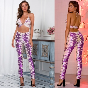 Women Sexy Polyester Sequin Top And Bottom Halter Backless Animal Print Slim Fit Party Night Club Fashion Clothes Outfits
