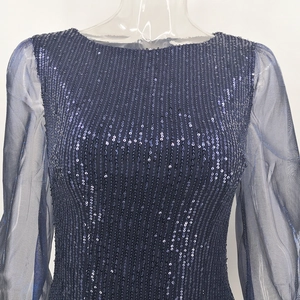 Detail of navy blue sequined dress featuring sheer mesh sleeves and classic round neckline