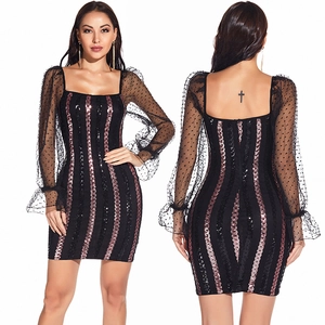 Elegantes Quadratischer Ausschnitt Pailletten Streifen Bodycon Minikleid Für Damen Sexy Mesh Polkadot Langarm Party Clubwear Schwarz Kleid