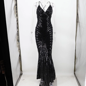 Front view of black sequin evening gown with deep V-neck and sparkling radial stripe pattern
