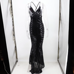 Detailed back view of a black sequined evening dress featuring a sexy backless lace-up design