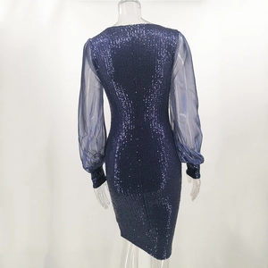 Detailed back view of a dark blue sequin bodycon dress with sheer mesh lantern sleeves