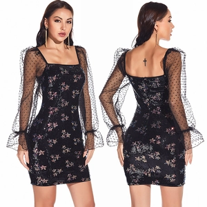 Robe Mini Sexy à Paillettes pour Femmes Col Carré Broderie Florale Manches Bouffantes en Maille à Pois Robe de Soirée