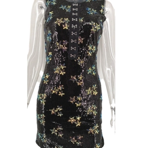 Sexy slim fit sleeveless black sequin dress with colorful star patterns and metal hook closure