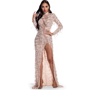 Sexy champagne mesh sequin evening dress with long sleeves and high slit details