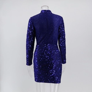 Detailed back view of a slim-fit royal blue sequined dress with long sleeves and hidden zipper