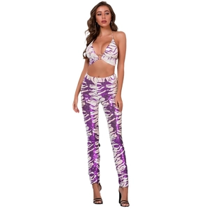 Sexy sequined halter crop top and slim pants set with purple tiger print for women