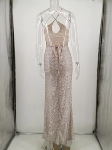 Detail of champagne sequin dress featuring cross back straps and shimmering laser effect