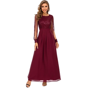 Detail of wine red formal dress featuring sequined bodice and fringe tassels sleeves