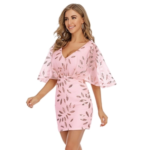 Elegant pink sequin mini dress with deep V-neck and ruffled sleeves for party wear