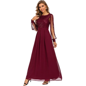 Elegant wine red sequin evening dress with long fringe sleeves and a flowing skirt