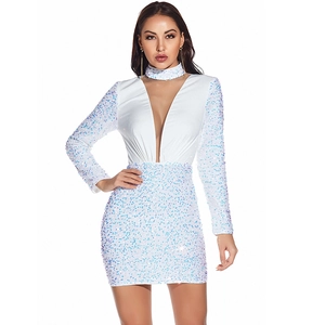 Detail shot of the V-neck sequined dress with long sleeves and elegant white slim fit