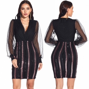 Robe de Soirée Femme Sexy Col en V Maille à Pois Manches Longues Paillettes Rayées Mini Bodycon Élégante Banquet Clubwear