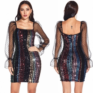 Robe Courte Sexy pour Femme Patchwork en Maille à Paillettes Col Carré Manches Longues Transparentes Rayée Soirée