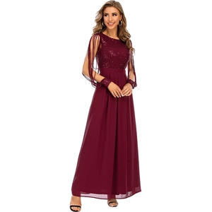 Elegant wine red sequined maxi evening dress with fringe long sleeves and chiffon patchwork