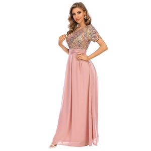 Elegant pink chiffon maxi dress with glittering sequins and high waist for evening parties