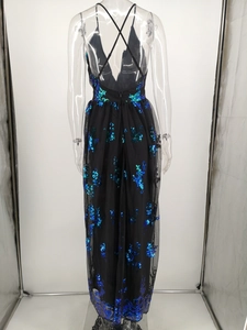 Detail of the backless design with crisscross straps on this sequin evening gown