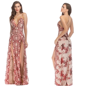 Robe de Soirée Sexy à Paillettes pour Femmes Élégante Col en V Dos Nu Sans Manches Robe Longue pour Banquet Mariage
